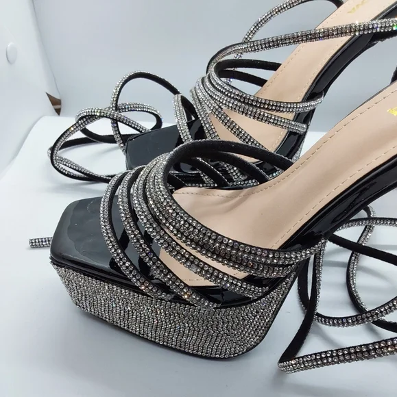 Fashion Nova Black Stiletto Heels with Rhinestone Platform - Picture 3 of 5